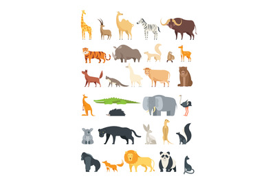 Flat african&2C; jungle and forest animals. Cute mammals and reptiles. Wi