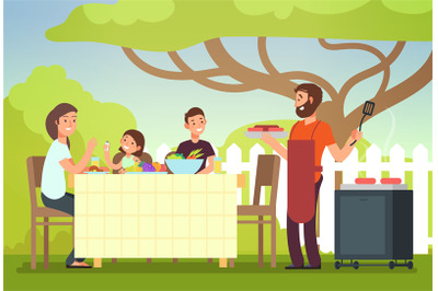 Happy family eating barbecue outdoor. Man&2C; woman and kids cooking and