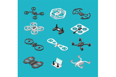 Different isometric 3d drones. Aerial delivery and photo robots vector