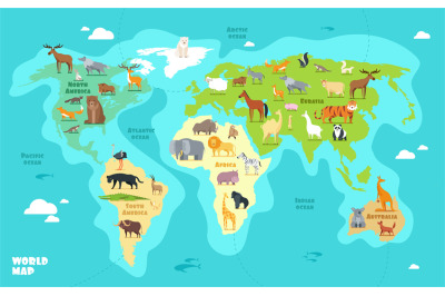 Cartoon world map with animals&2C; oceans and continents. Funny geography