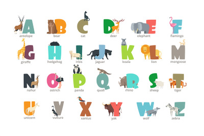 Cartoon wild animals kids alphabet for children studying english. Educ