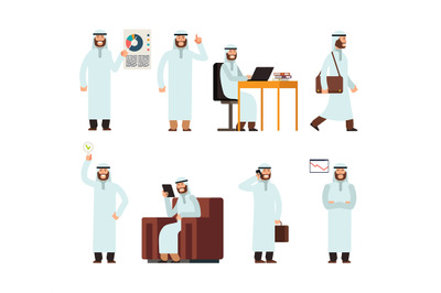 Arabic man in traditional islamic saudi ethnic clothes in different bu