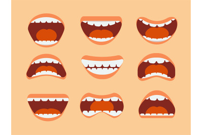 Funny cartoon human mouth, teeth and tongue with different expressions