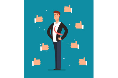 Cartoon proud employee with many thumbs up hands of businessmen. Busin