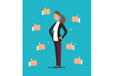 Cartoon happy proud businesswoman leader with many thumbs up hands. Bu