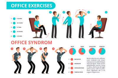 Employee doing office exercises desk. Medical vector diagram with cart