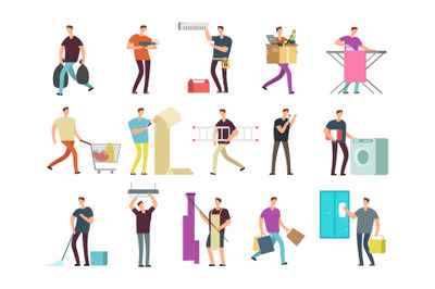 Cartoon people in household activities. Vector characters set