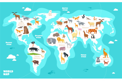 World map with animals. Earth discovery funny kids geography vector il