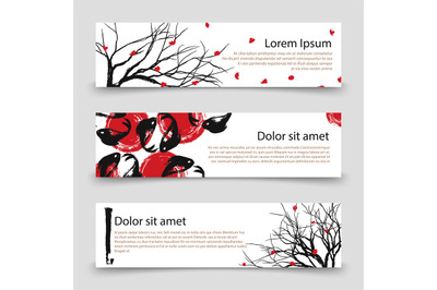 Japanese banner templates. Asian banners with vector sakura and fishes