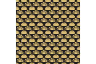 Gold hand fan seamless pattern design. Abstract geometric fans texture