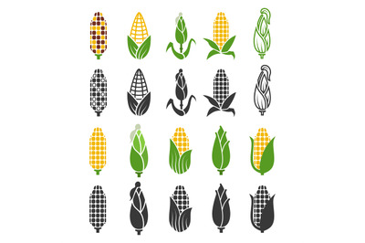 Black and color corn harvest icons isolated on white background