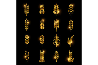 Golden wheat ears vector icons isolated on black background