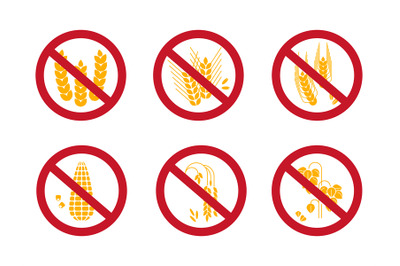 Grains free icons set. Gluten free, rice free, corn free icons