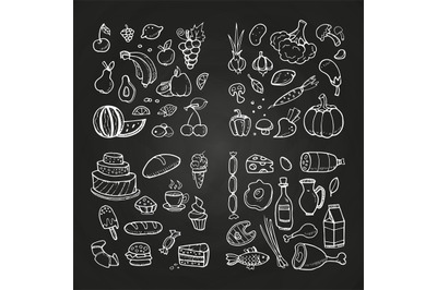 Hand drawn healhty and fast food. Doodle vegetables, fruits, desserts,