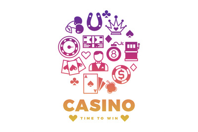 Casino label design with colorful icons round concept