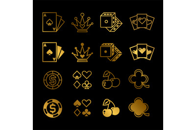 Golden casino, gambling, poker line and silhouette vector icons