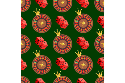 Casino and poker seamless pattern with dice and roulette on green