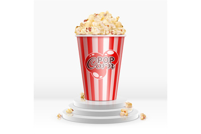 Cinema food popcorn in disposable bowl on pedestal. Realistic vector p