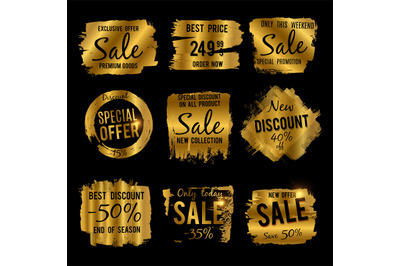 Golden discount and price tag, sale banners with grunge brushed frames
