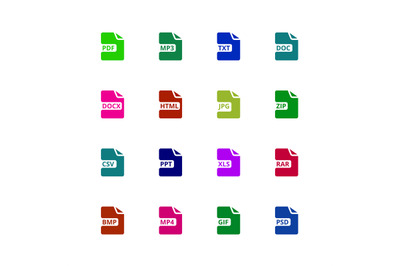 File format type icons. Download document vector buttons