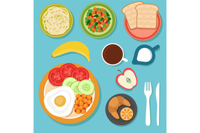 Breakfast eating food and drinks on table top view vector illustration