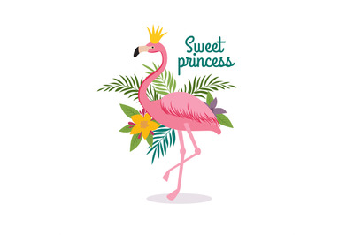 Cute cartoon pink flamingo queen with crown. Sweet dreams girly vector