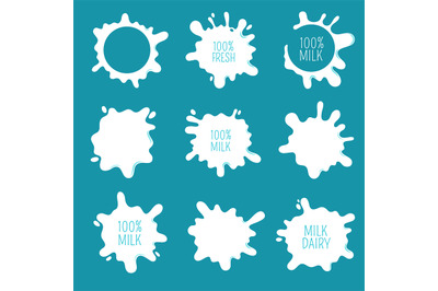 Cow milk blots, splashes and drops. Farm fresh dairy product vector la