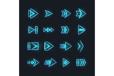 Directional neon arrows. Pointers, orientation arrowhead with luminosi