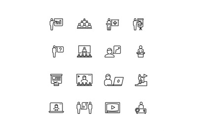 Presentation and conference symbols. Training and learning line icons.