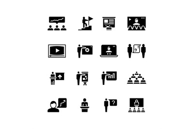 Presentation business event symbols. Training video conference icons.