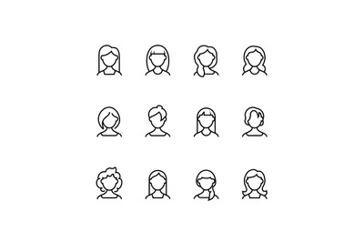 Woman face line icons. Female profile outline symbols with different h