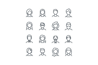 Woman and man face line icons. Female male profile outline symbols wit