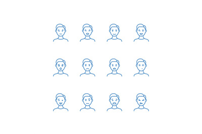 Man face with different emotions line icons. Male profile outline symb