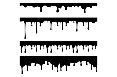 Paint dripping, black liquid or melted chocolate drips seamless vector