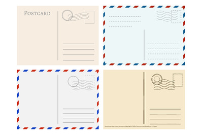 Travel postcard templates. Greetings post cards backside vector set