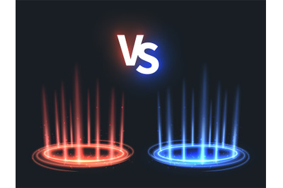 Versus glowing teleport effect on floor. Vs battle scene with rays and