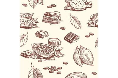 Cocoa tree, chocolate beans seamless pattern. Cacao fruit woodcut vect