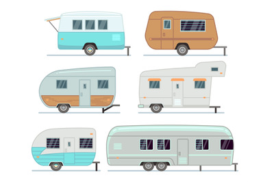 Rv camping trailers, travel mobile home, caravan vector set isolated