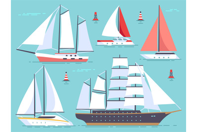 Transportation sailboats, yacht, sailing cruise ship. Sea and ocean ve