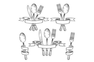 Silverware, cutlery, dinner table utensils. Knife, spoon and fork in r