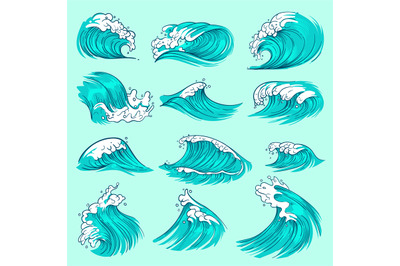 Vintage hand drawn sea blue waves with splashes. Ocean storm water vec