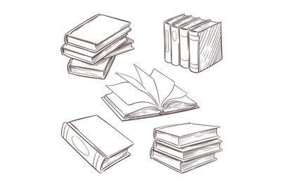 Hand drawn vintage books. Sketch book piles. Library, bookshop vector