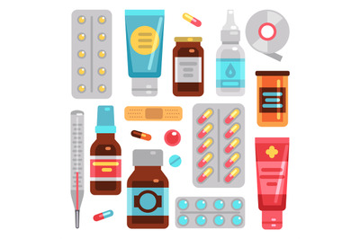 Medicine pharmacy drugs, pills, medicament bottles and medical equipme