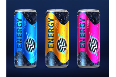 Realistic disposable energy drink cans in different colors of design v