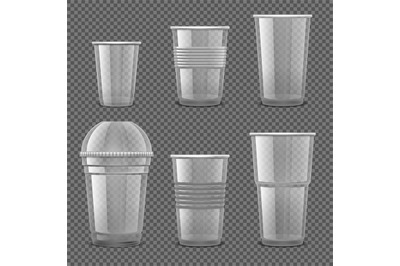 Empty transparent plastic disposable cups. Takeaway drink containers i