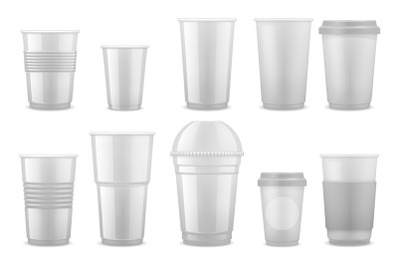 Empty clear white plastic disposable cups&2C; takeaway containers for col