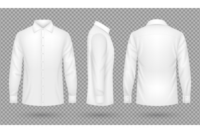 White blank male shirt with long sleeves in front, side, back views. R