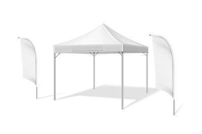 Empty white outdoor event tent with flying beach material flags vector