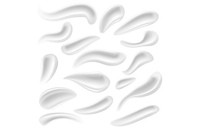 Cosmetic white cream strokes. Gel, foam drop vector set isolated