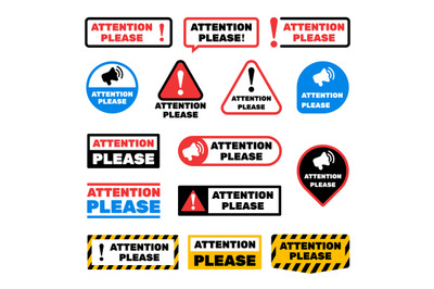 Attention please message vector signs. Alert important information lab